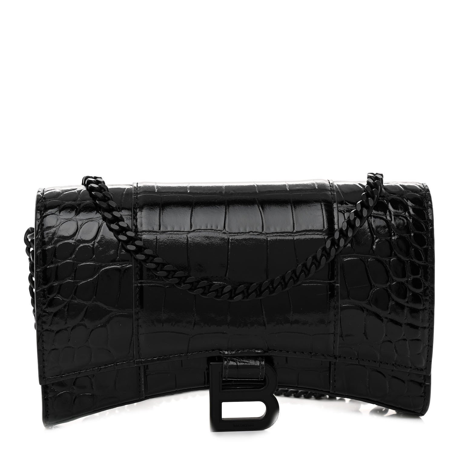 Balenciaga Shiny Calfskin Monochrome Crocodile Embossed Hourglass Chain Bag Black 1 of 9