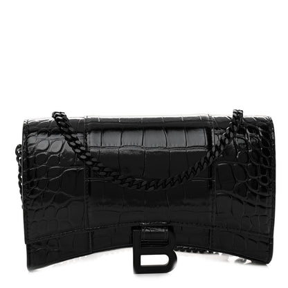 Balenciaga Shiny Calfskin Monochrome Crocodile Embossed Hourglass Chain Bag Black 1 of 9