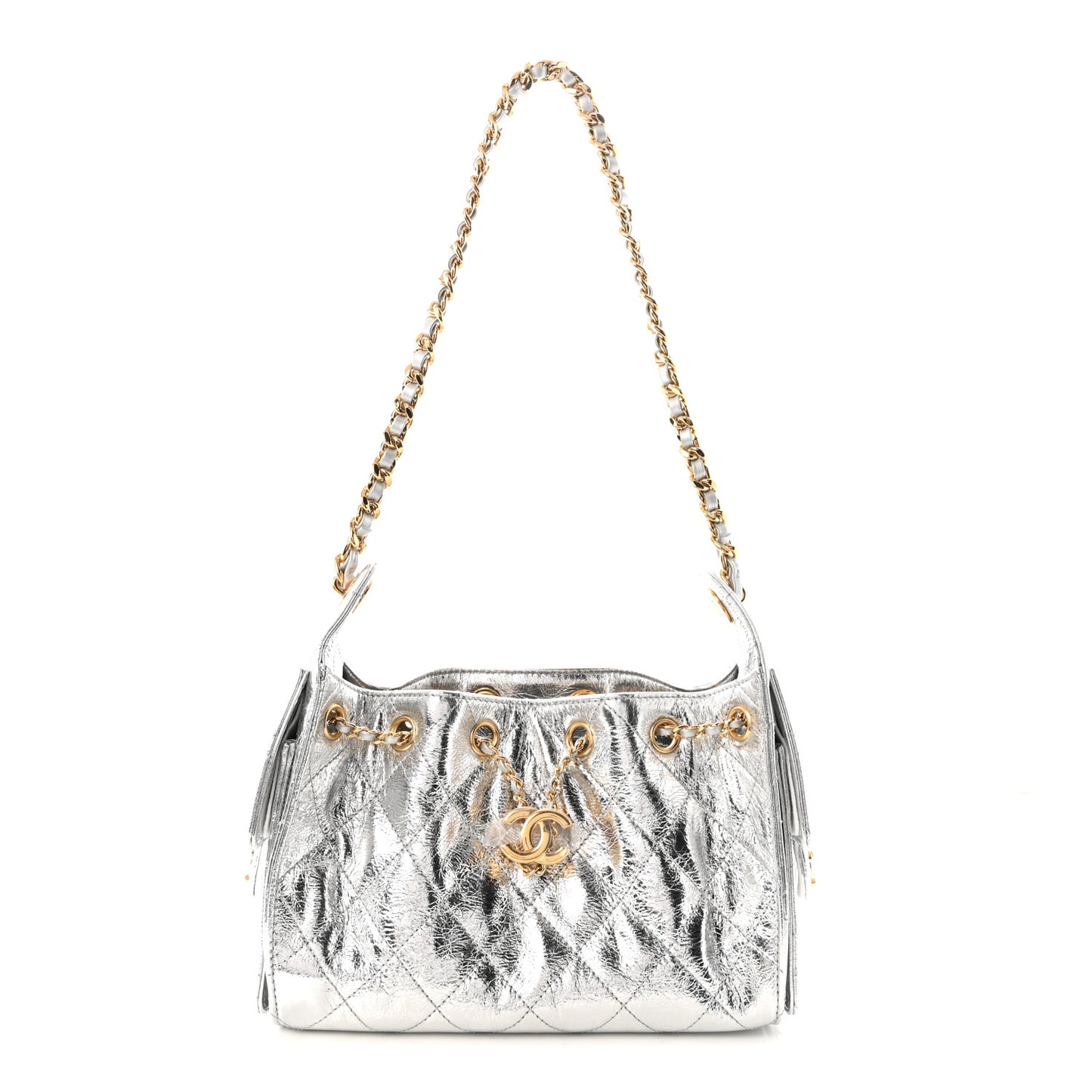 Metallic Aged Calfskin Quilted Mini Chanel 25 Handbag Silver