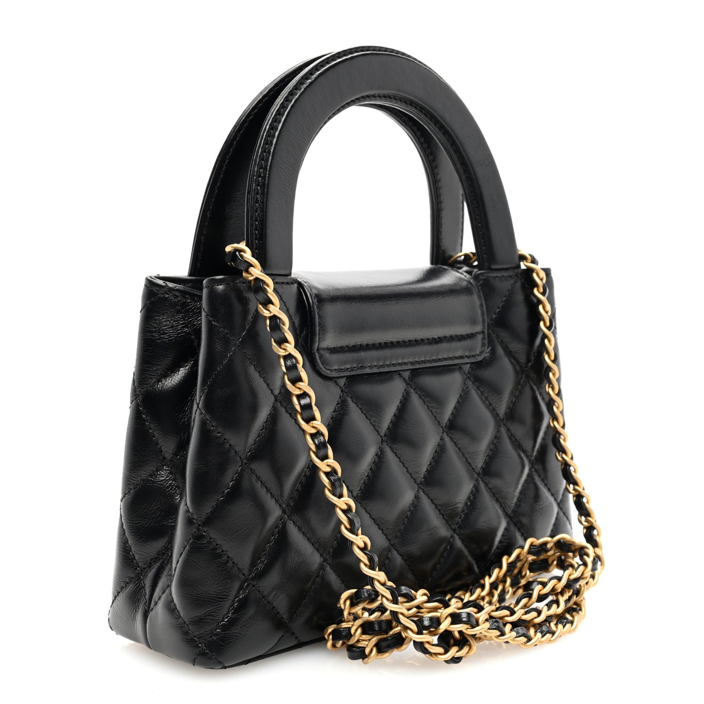 Shiny Aged Calfskin Quilted Nano Kelly Shopper Black