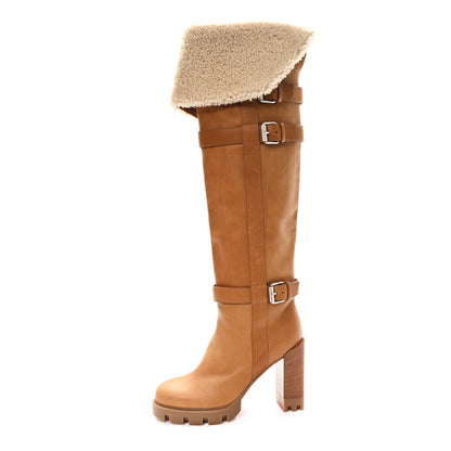 Christian Louboutin Calfskin Wax Shearling Brodeback Lug Over The Knee Boots 39 Terra Beige 1 of 6