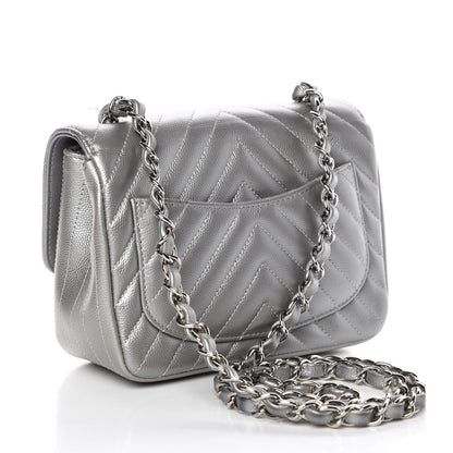 Chanel Metallic Caviar Chevron Quilted Mini Square Flap Silver 3 of 8