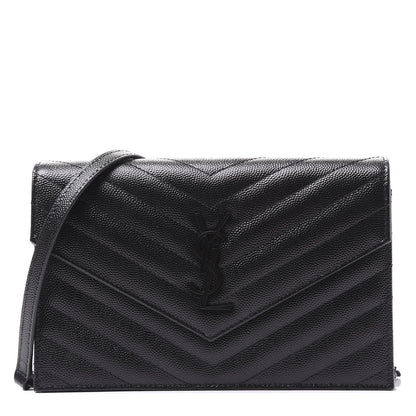 Saint Laurent Grain De Poudre Matelasse Chevron Monogram Envelope Chain Wallet Black 1 of 8