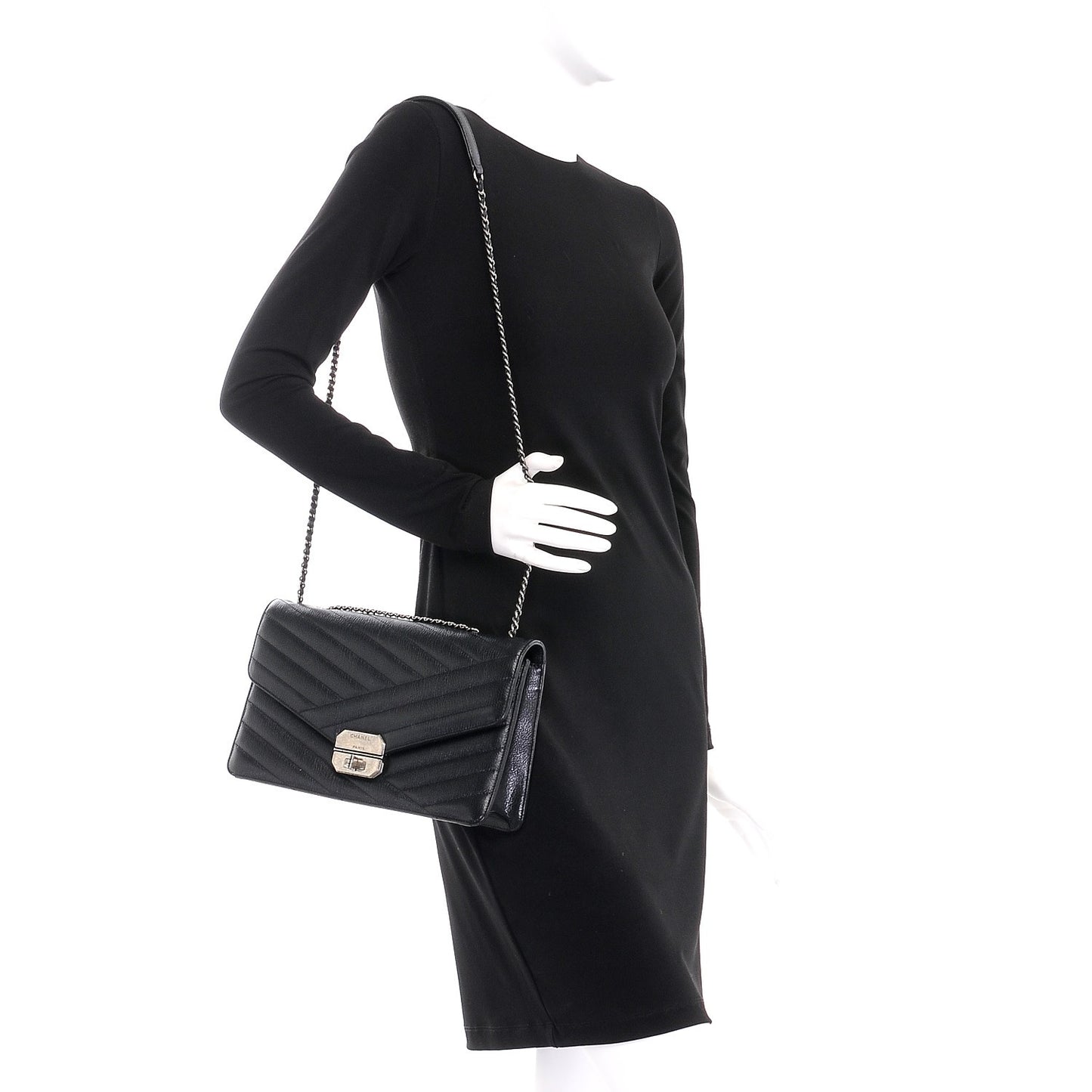 Shiny Goatskin Quilted Gabrielle Chevron Flap Black