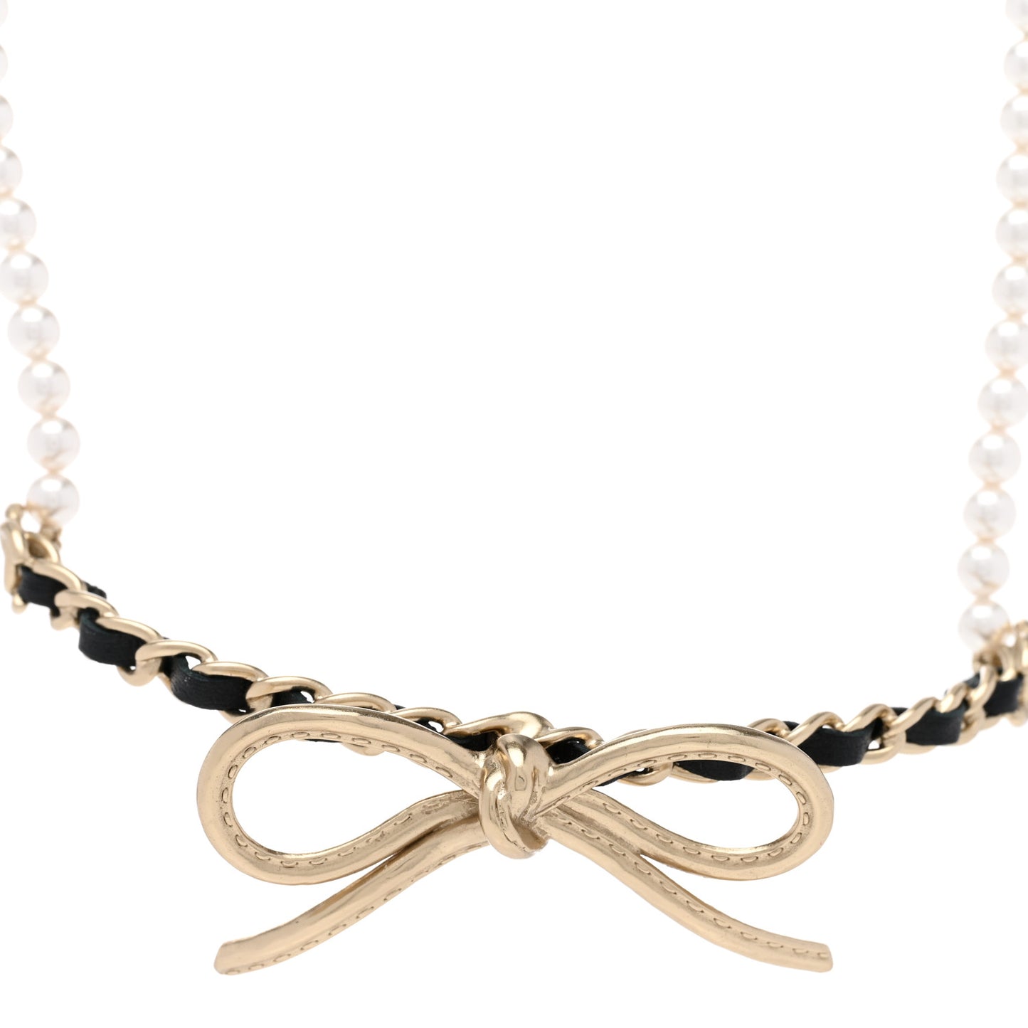 Calfskin Pearl Metal CC Bow Choker Necklace Gold White Black