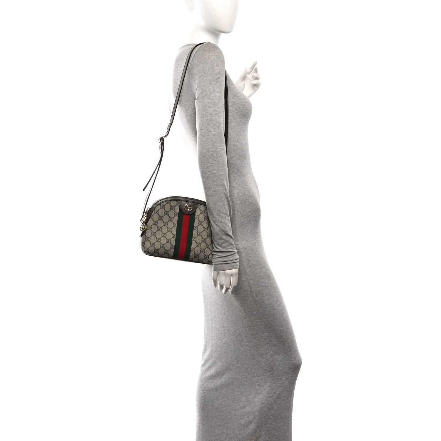 Gucci GG Supreme Monogram Textured Dollar Calfskin Web Small Ophidia Dome Shoulder Bag Beige Ebony New Acero 2 of 10