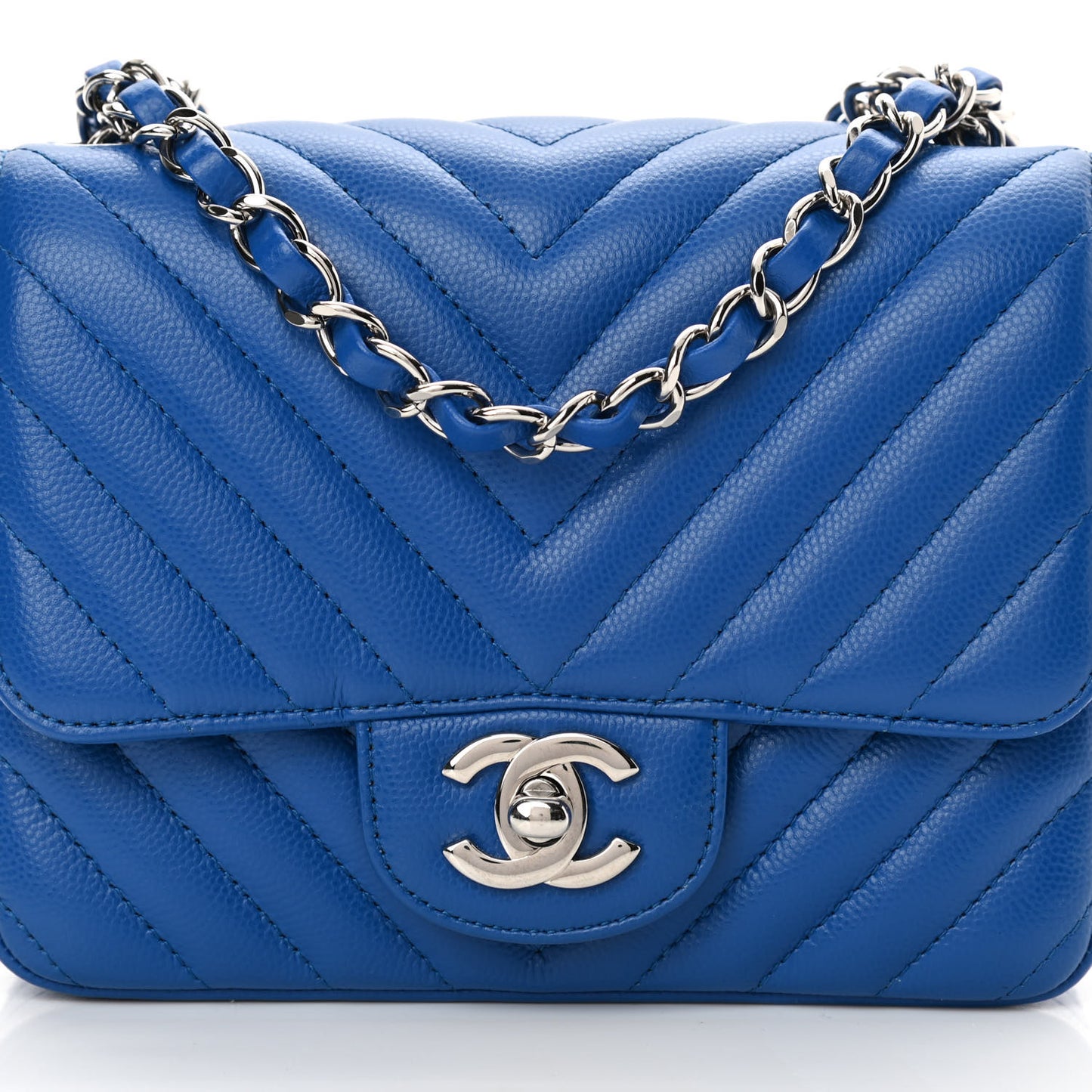 Caviar Chevron Quilted Mini Square Flap Blue