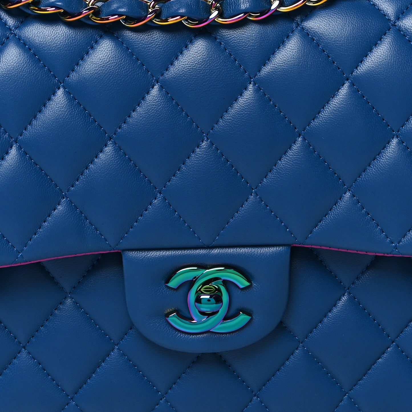 Lambskin Quilted Medium Double Flap Blue Pink