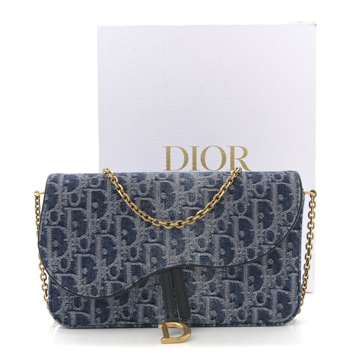 Oblique Denim Small Saddle Pouch With Chain Blue