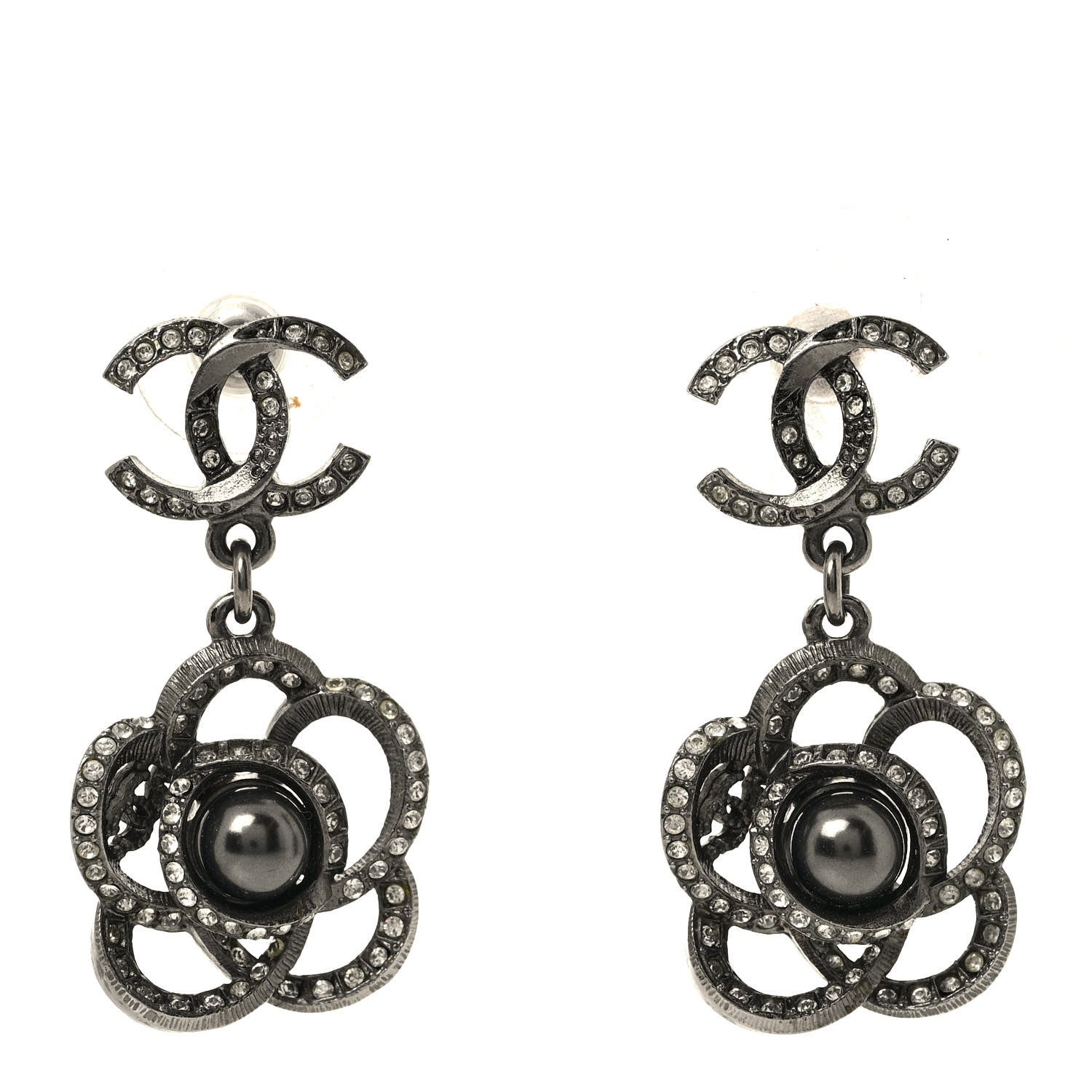 Chanel Crystal Pearl CC Camellia Drop Earrings Silver 1 of 4