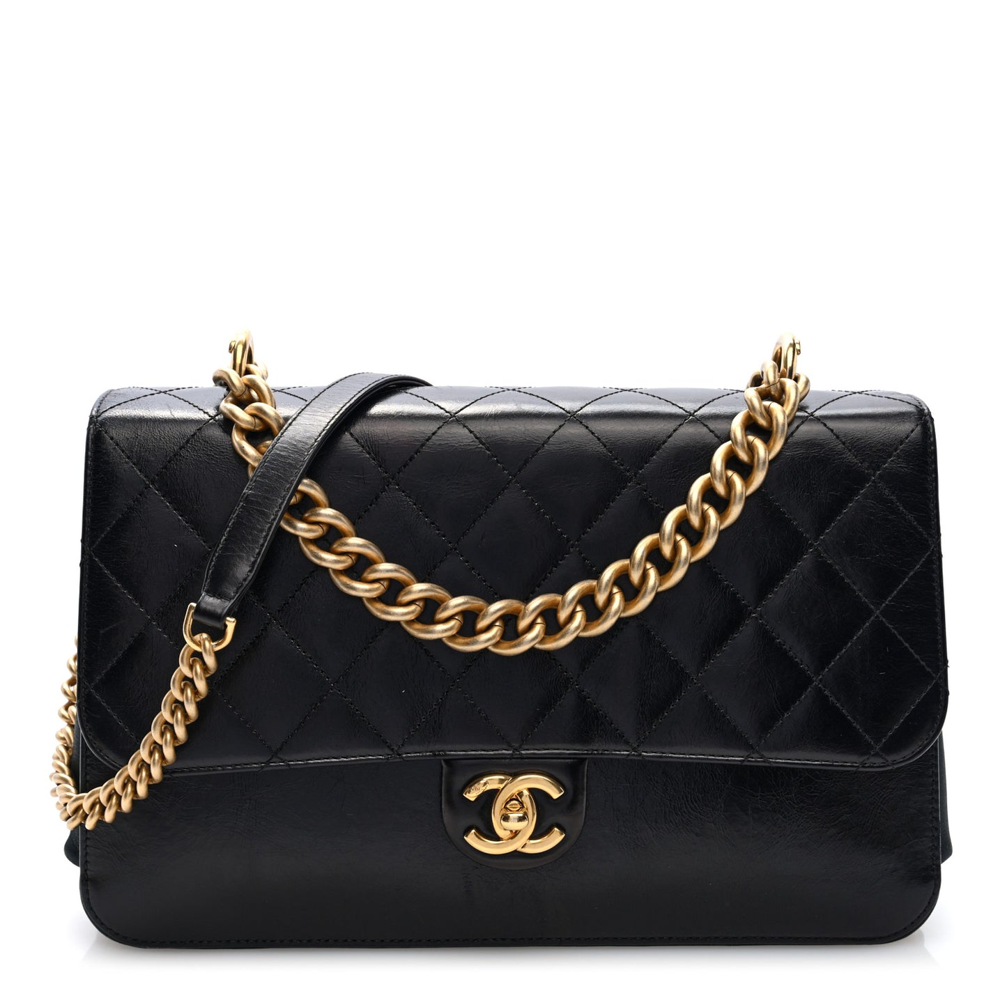 Iridescent Calfskin Quilted Straight Lined Flap Black