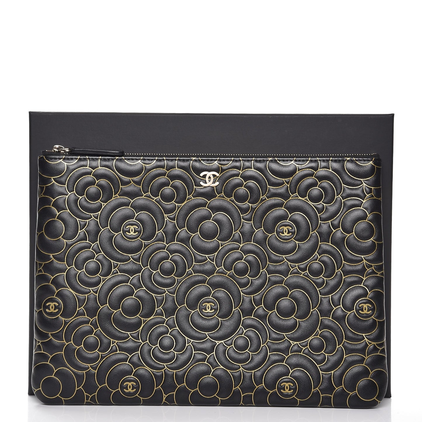 Lambskin Camellia Embossed Medium Cosmetic Case Black Gold
