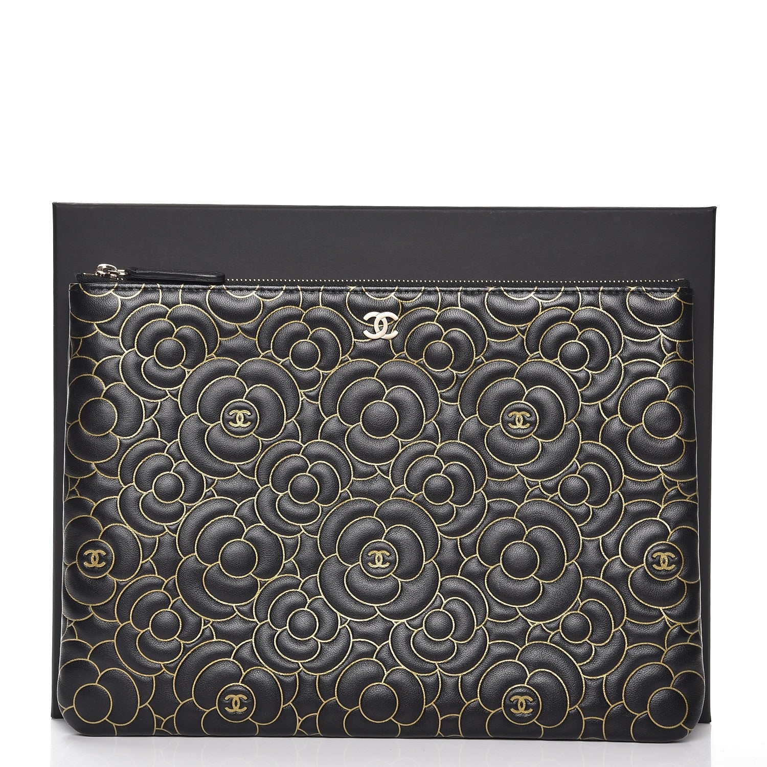 Chanel Lambskin Camellia Embossed Medium Cosmetic Case Black Gold 8 of 8