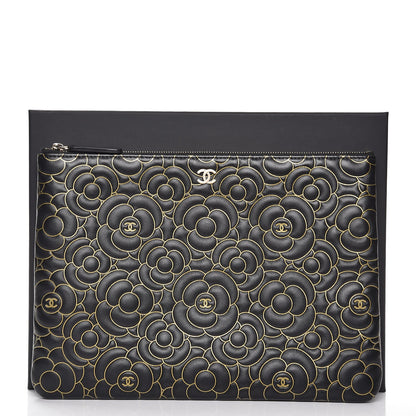 Chanel Lambskin Camellia Embossed Medium Cosmetic Case Black Gold 8 of 8