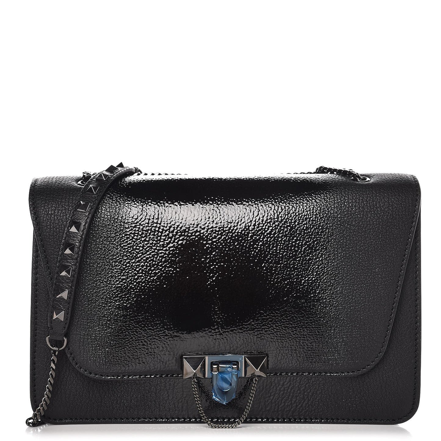 Patent Pebbled Calfskin Medium Rockstud Demilune Shoulder Bag Black