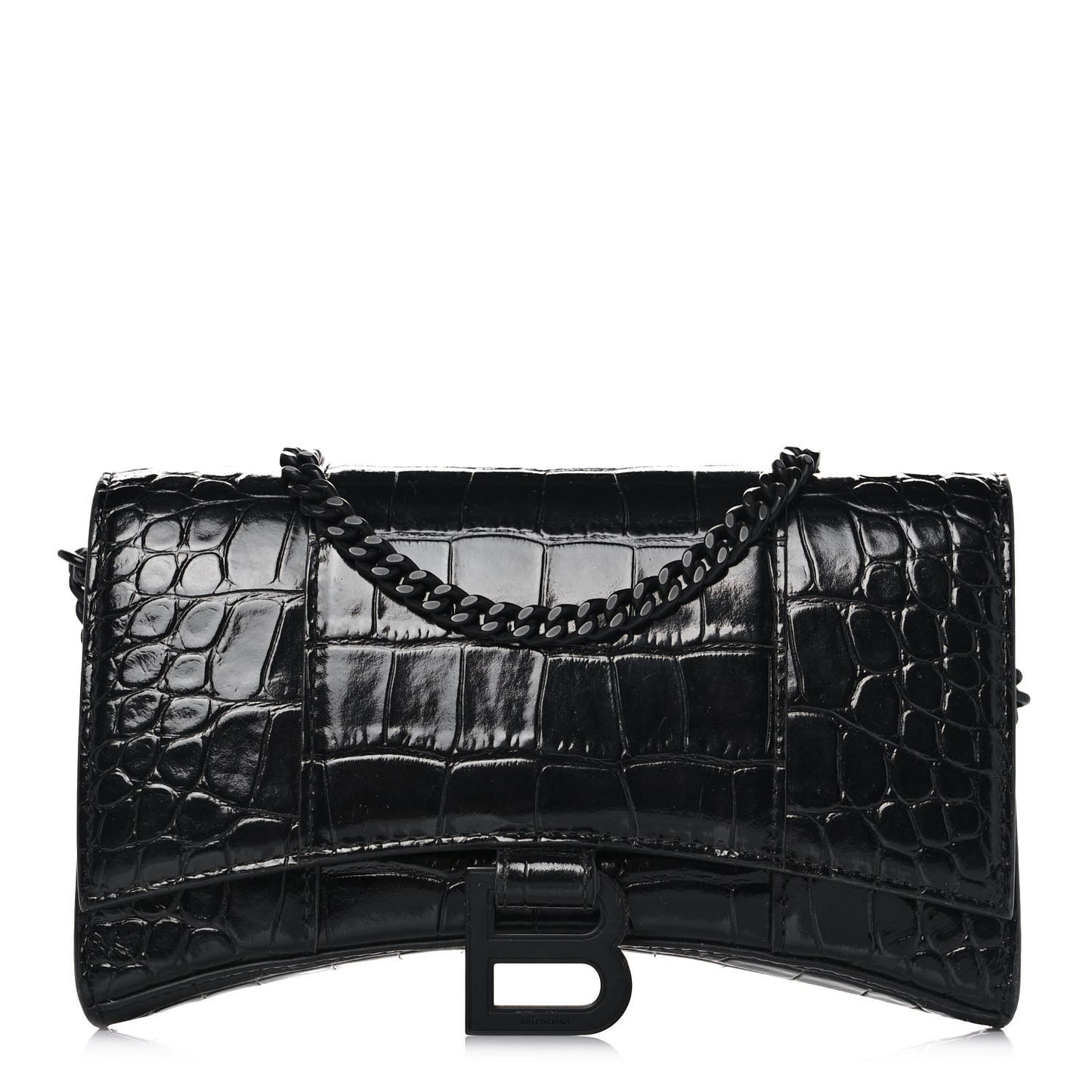 Shiny Calfskin Monochrome Crocodile Embossed Hourglass Chain Bag Black