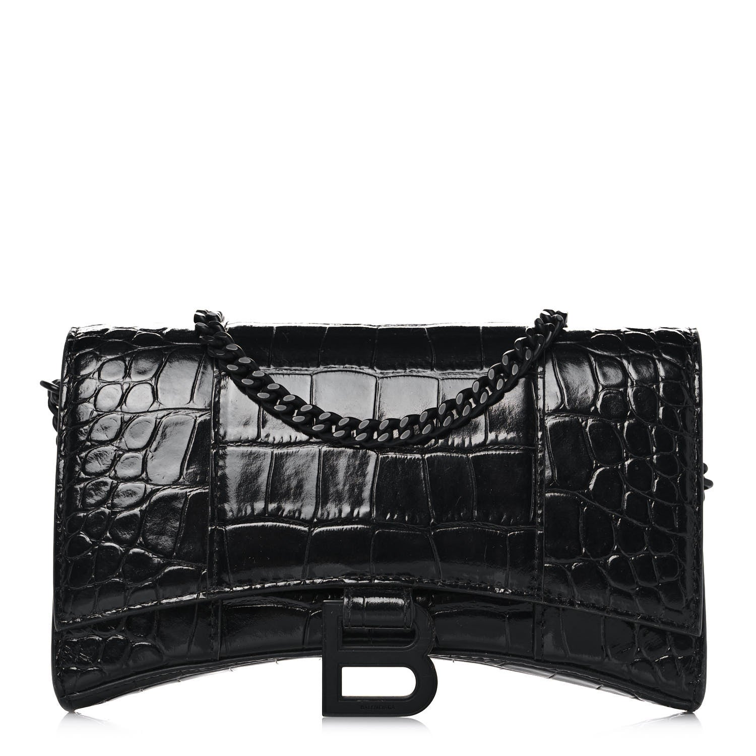 Balenciaga Shiny Calfskin Monochrome Crocodile Embossed Hourglass Chain Bag Black 1 of 10
