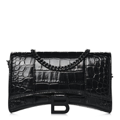 Balenciaga Shiny Calfskin Monochrome Crocodile Embossed Hourglass Chain Bag Black 1 of 10