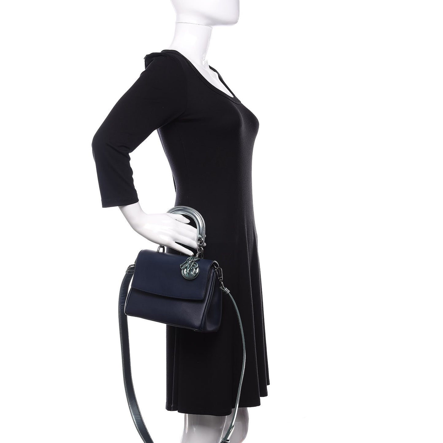 Metallic Patent Smooth Calfskin Mini Be Dior Flap Navy Light Blue