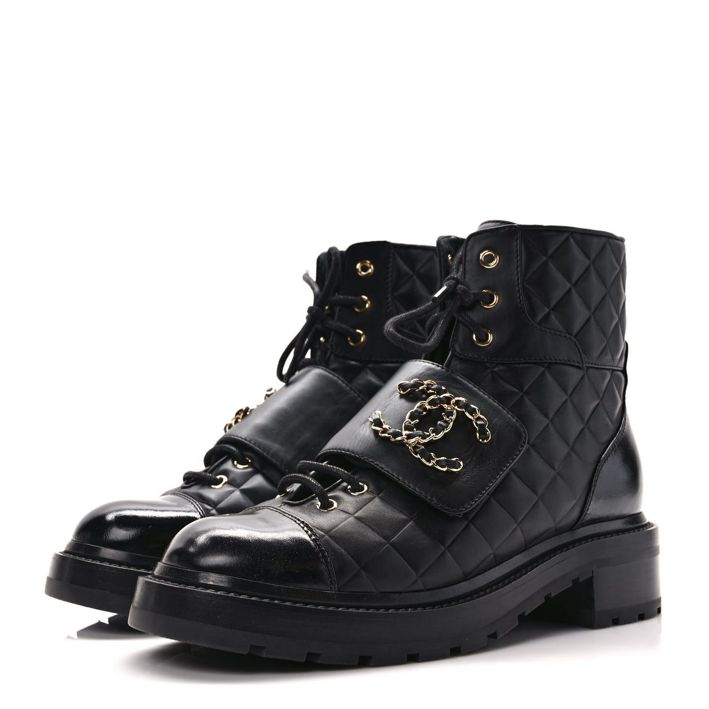 Calfskin Shiny Calfskin Quilted Lace Up Combat Boots 39 Black