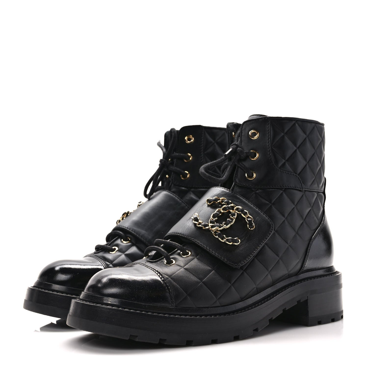 Chanel Calfskin Shiny Calfskin Quilted Lace Up Combat Boots 39 Black 3 of 10