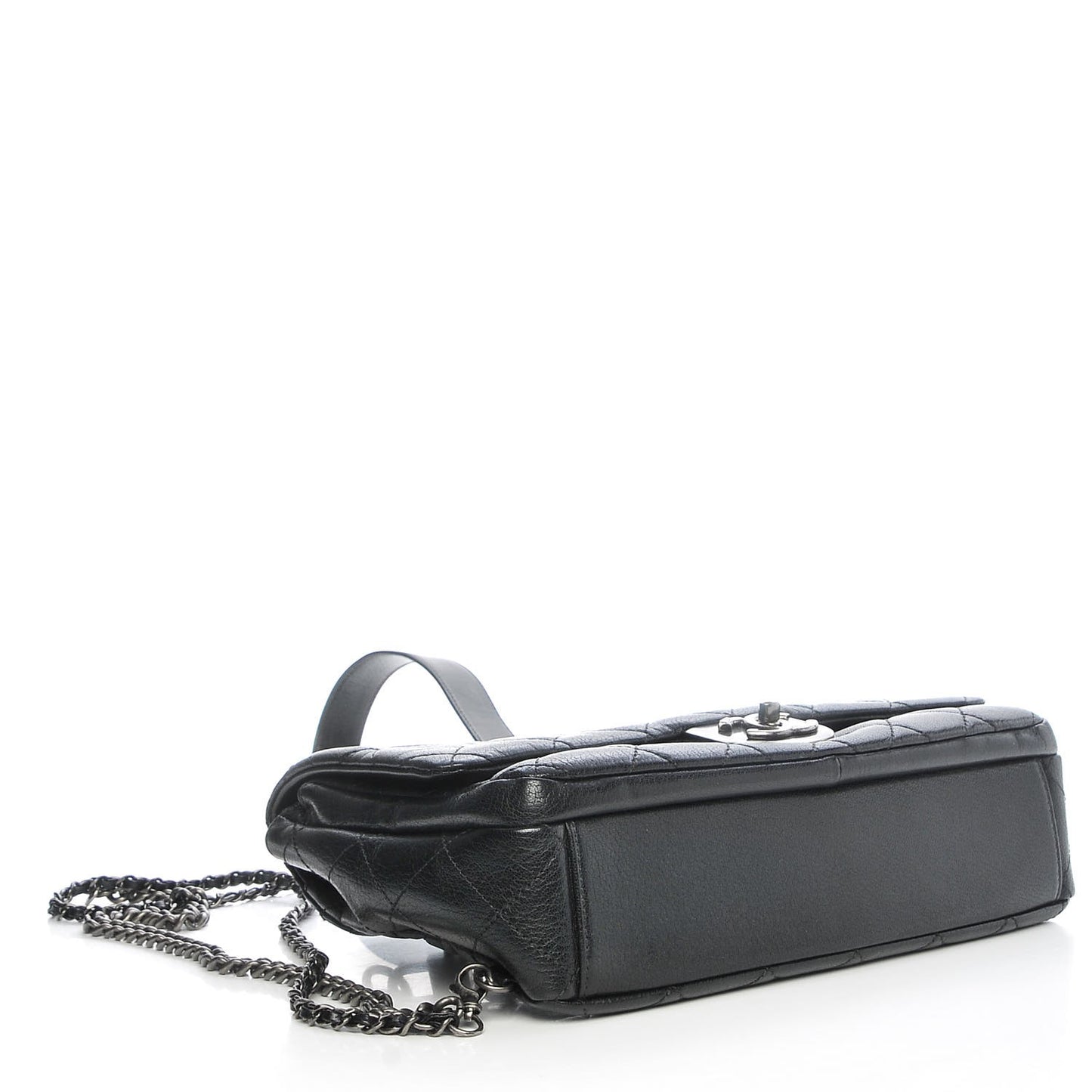 Shiny Goatskin Quilted Large Double Carry Waist Chain Flap Black