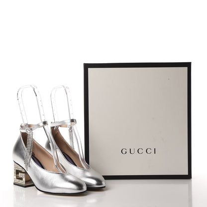 Gucci Metallic Nappa Crystal Square G Mid Heel Pumps 36 Silver 12 of 12