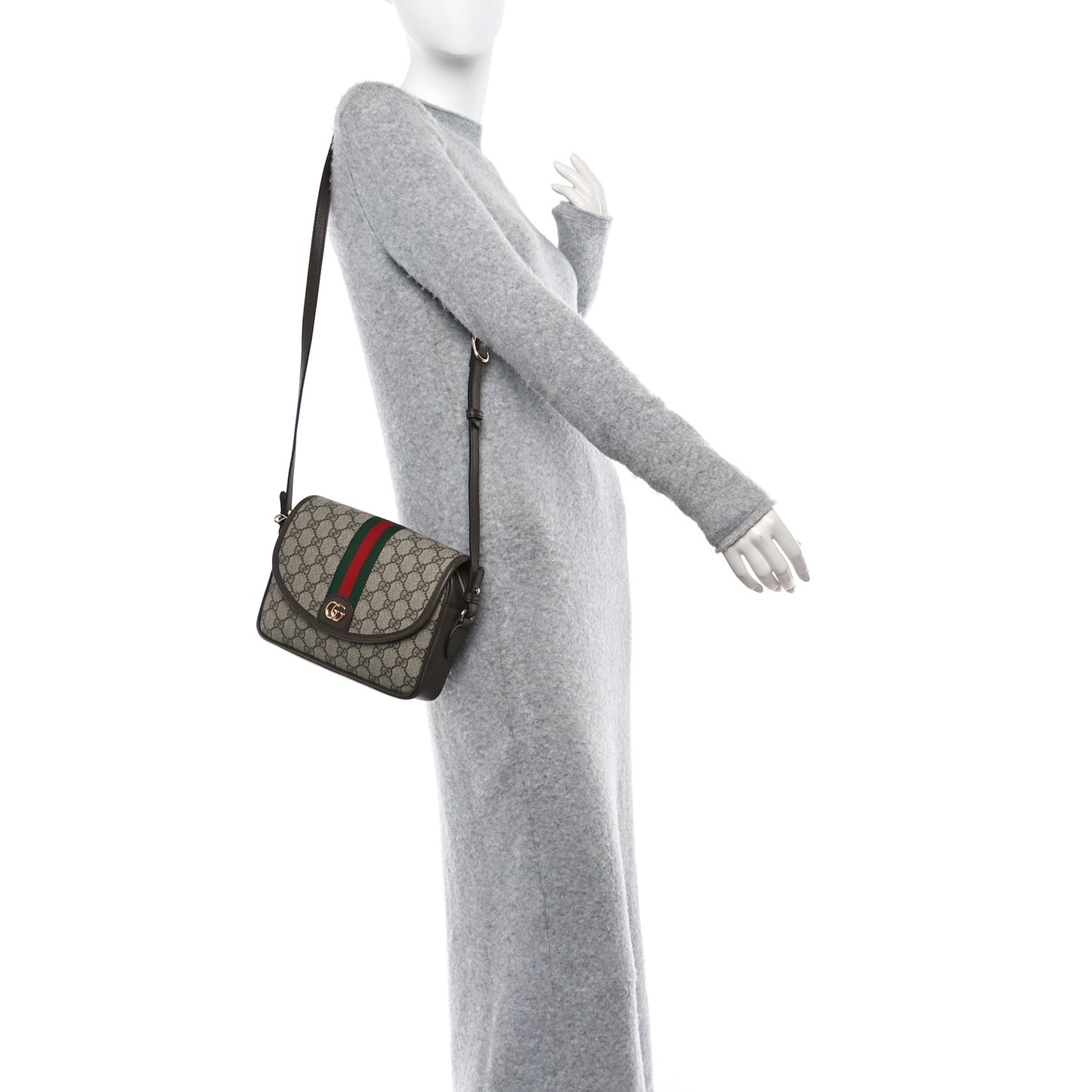 GG Supreme Monogram Textured Dollar Calfskin Web Studded Mini Ophidia Flap Shoulder Bag Beige Ebony New Acero