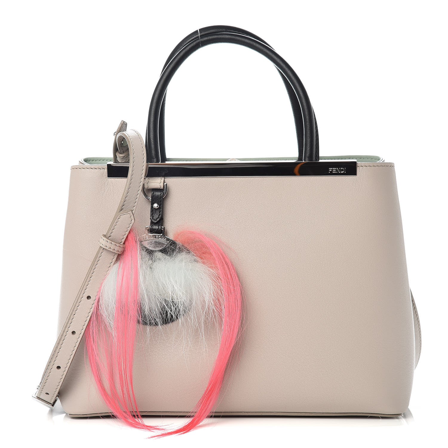Fendi Vitello Dolce Fox Goat Bi-Color Sad Eyes Mirror Charm Petite 2Jours Tote Grigio Polvere Black 1 of 10