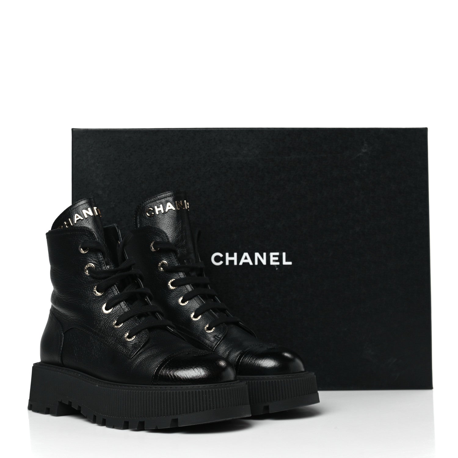 Chanel Calfskin CC Lace Up Combat Boots 39.5 Black 8 of 8