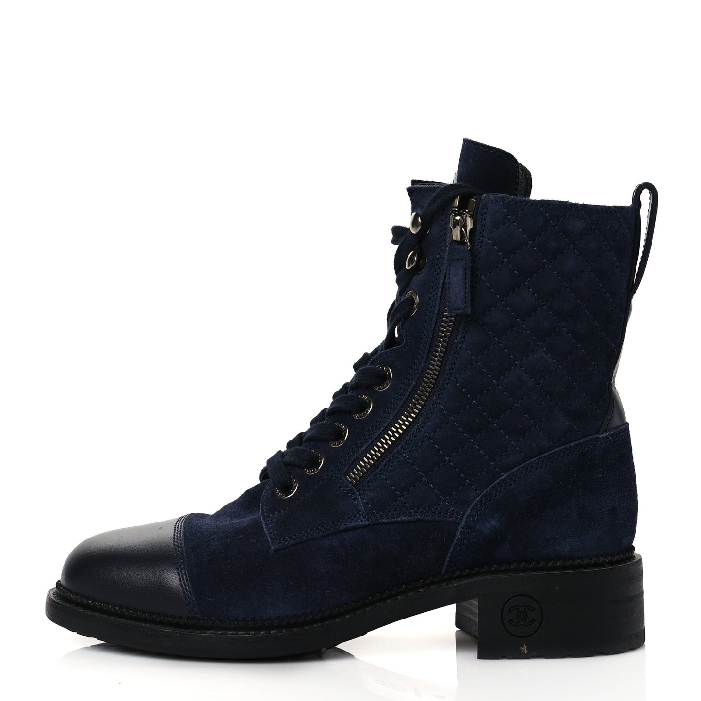 Suede Quilted CC Lace Up Combat Boots 39 Navy Black
