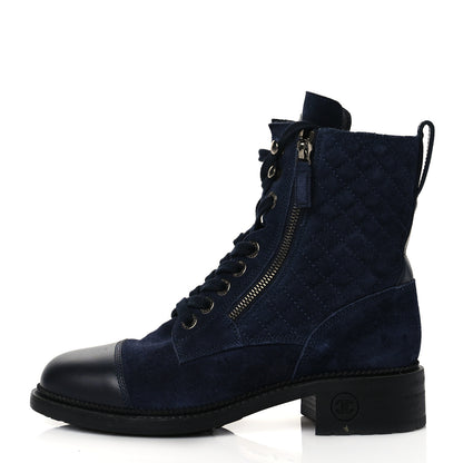 Chanel Suede Quilted CC Lace Up Combat Boots 39 Navy Black 1 of 8