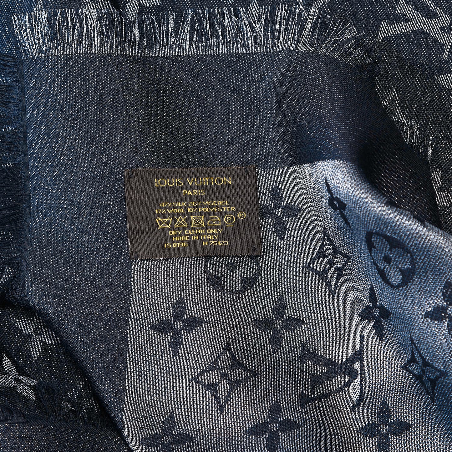 Wool Silk Monogram Shawl Blue Nuit