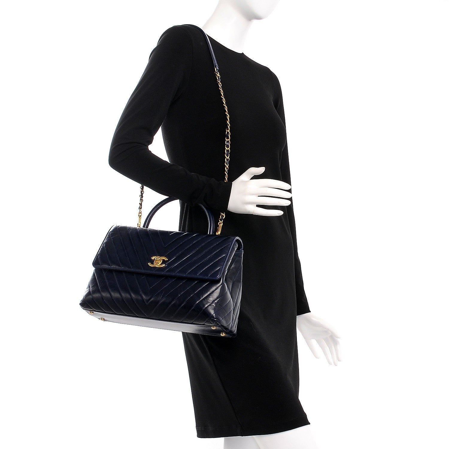 Chanel Calfskin Chevron Quilted Large Coco Handle Flap Blue 2 of 8