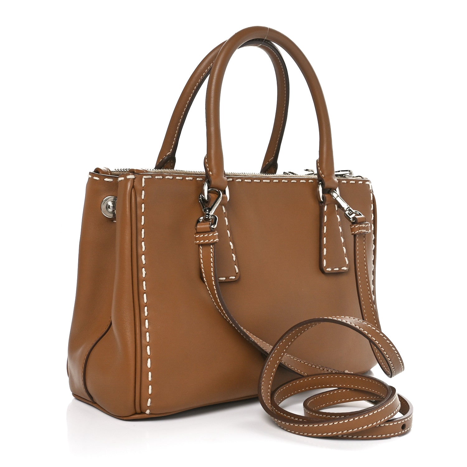 Prada City Calf Mini Hand Stitched Galleria Double Zip Tote Caramel 3 of 9