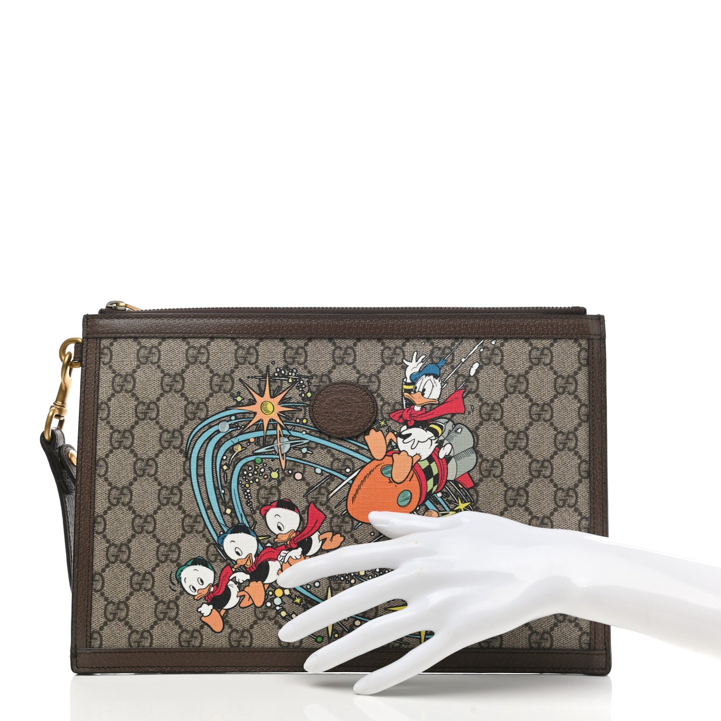 X DISNEY GG Supreme Monogram Donald Duck Interlocking G Wristlet Pouch Beige Multicolor New Acero