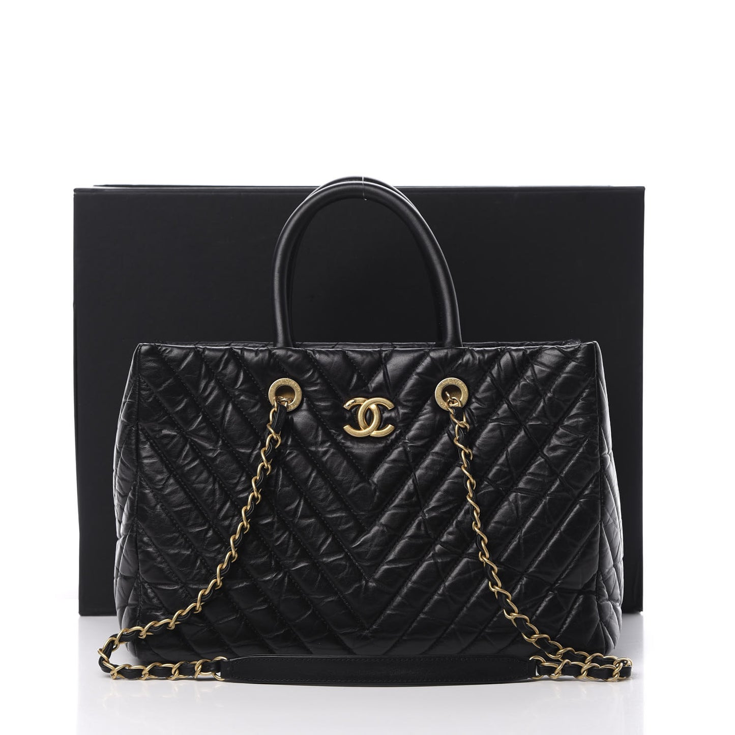 Aged Calfskin Chevron Coco Handle Shopping Tote Black