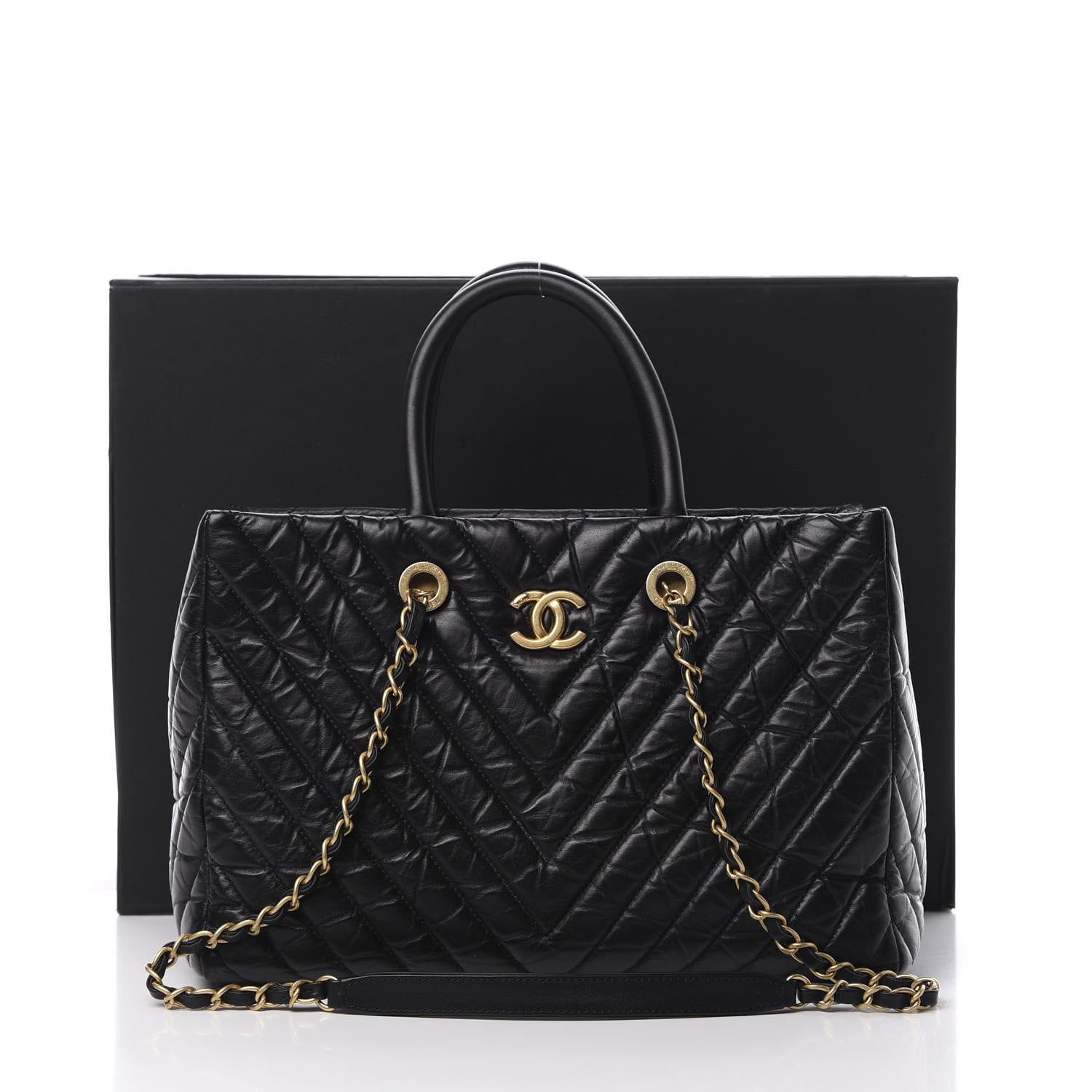 Chanel Aged Calfskin Chevron Coco Handle Shopping Tote Black 13 of 13
