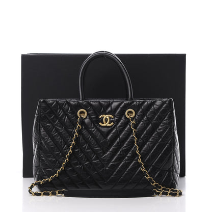 Chanel Aged Calfskin Chevron Coco Handle Shopping Tote Black 13 of 13