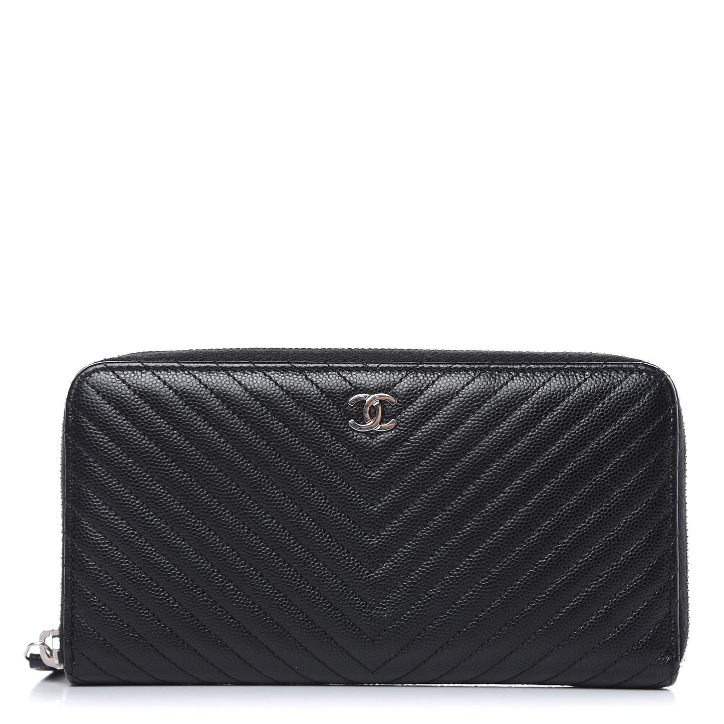 Caviar Chevron Quilted Large Gusset Zip Around Wallet Black