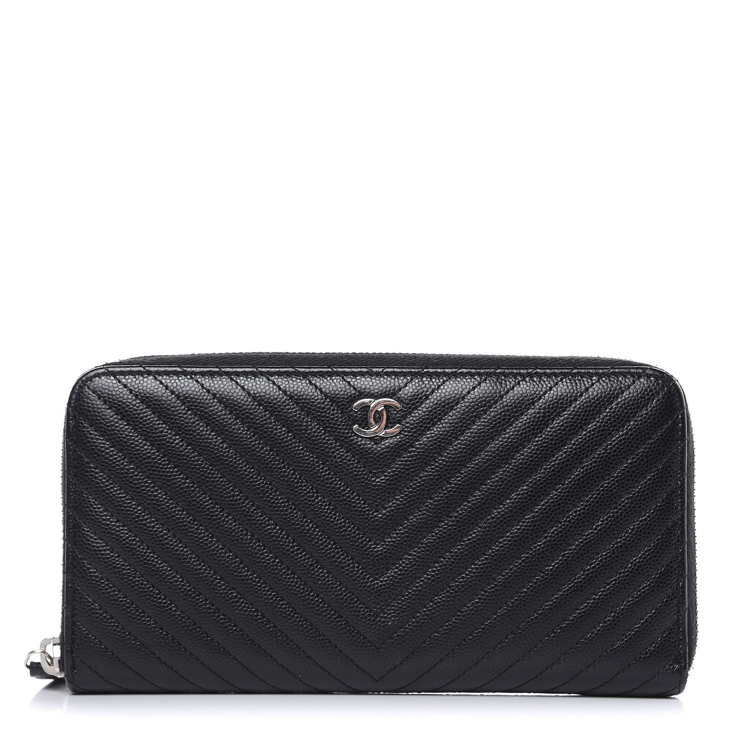 Chanel Caviar Chevron Quilted Large Gusset Zip Around Wallet Black 1 of 11