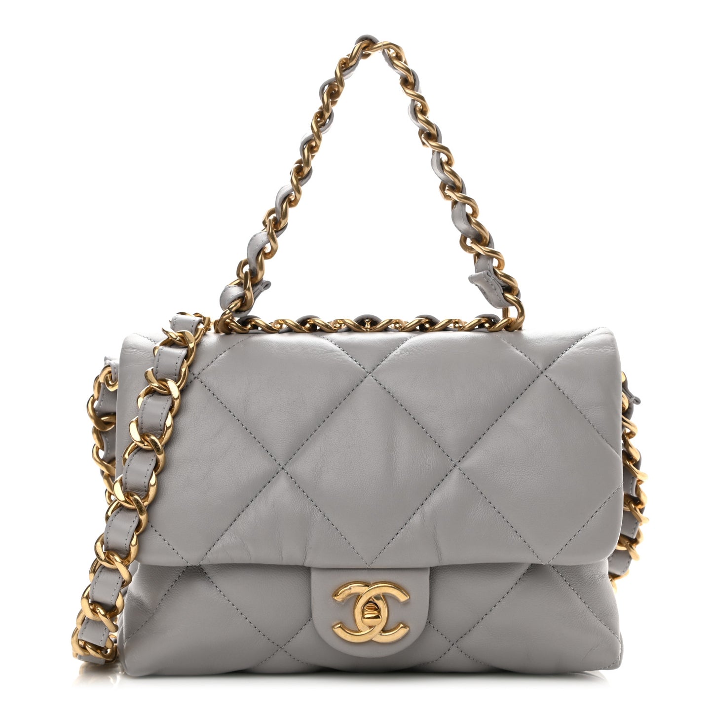 Lambskin Quilted Chain Top Handle Flap Light Grey