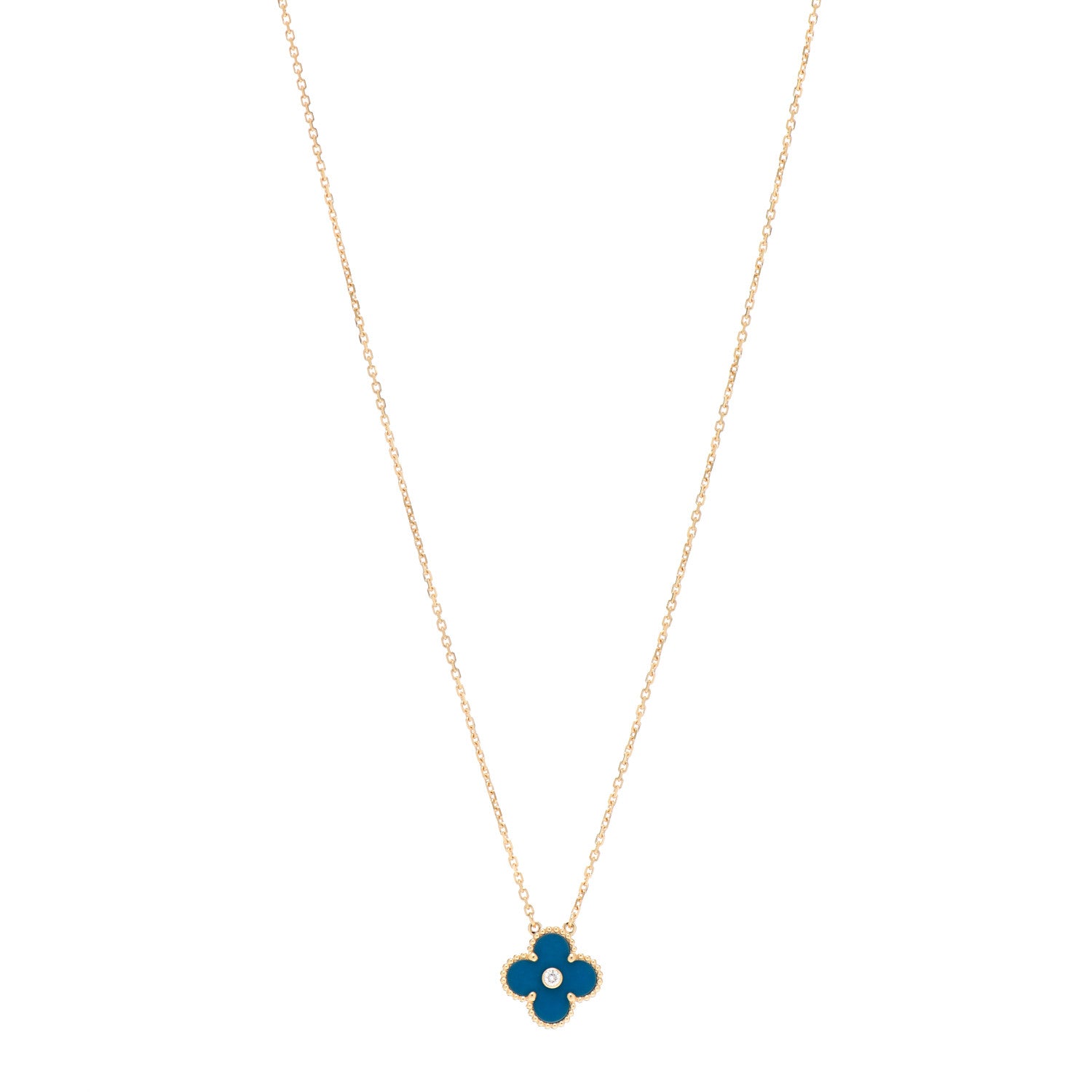 Van Cleef & Arpels 18K Yellow Gold Diamond Celestial Blue Sevres Porcelain Vintage Alhambra Pendant Necklace 1 of 4