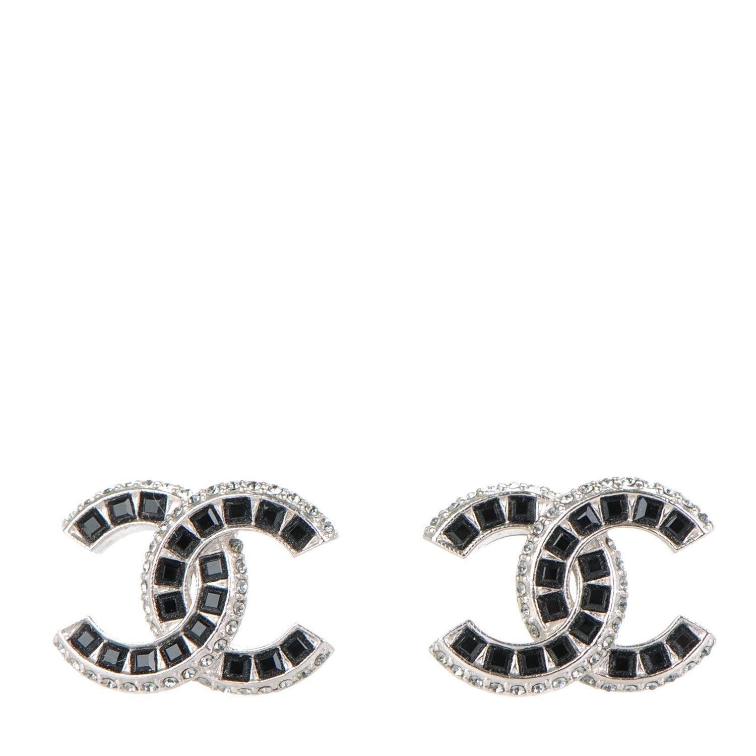 Chanel Baguette Crystal CC Earrings Silver Black 1 of 5