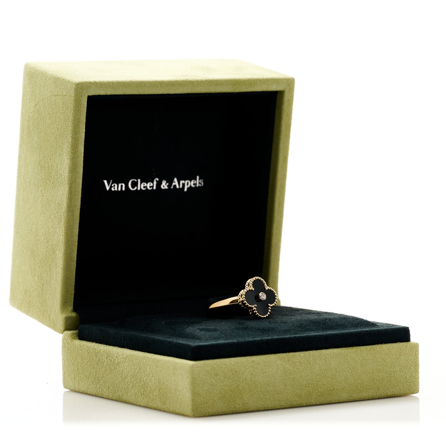 18K Yellow Gold Black Onyx Diamond Vintage Alhambra Ring 61 9.5