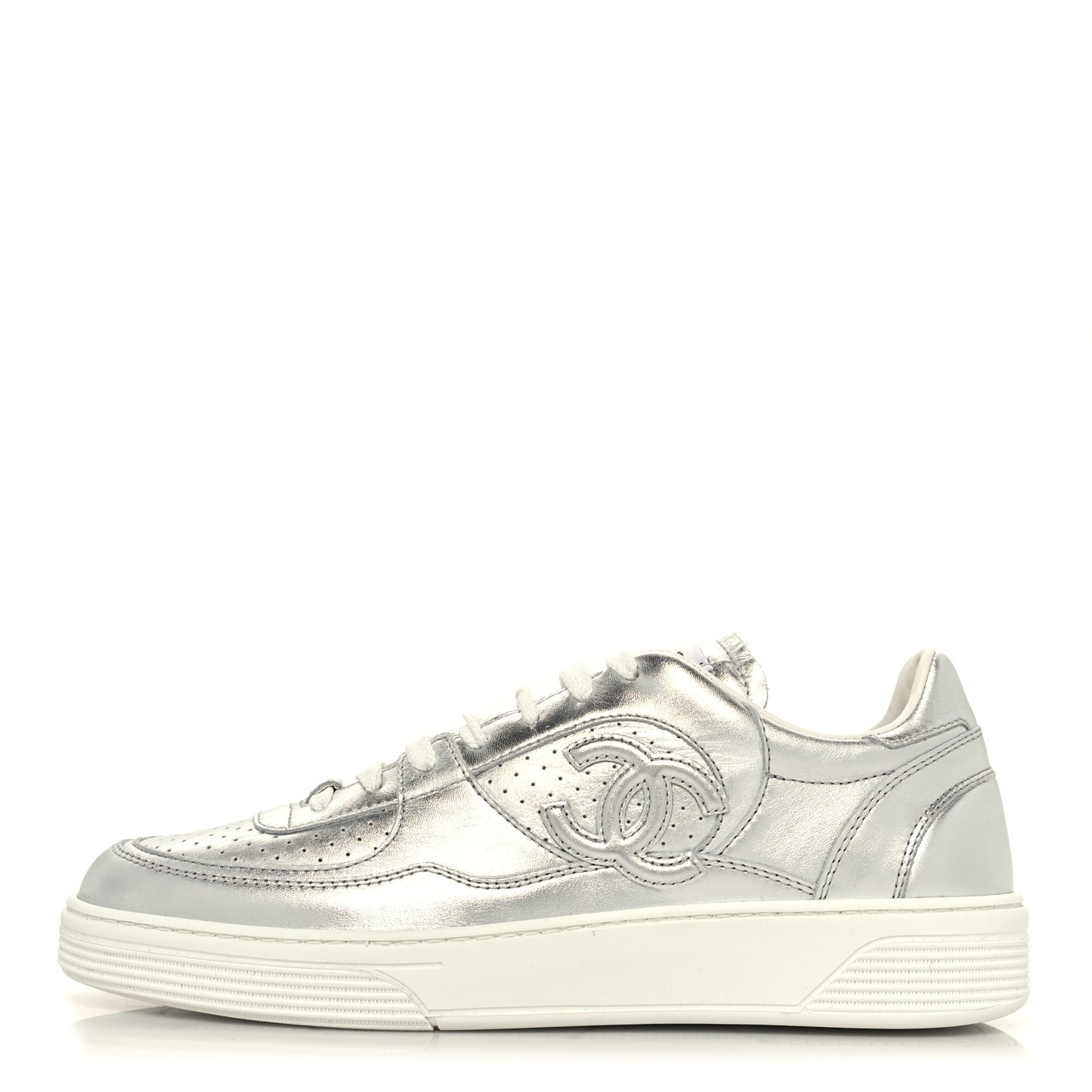 Laminated Calfskin CC Womens Sneakers 40 Silver