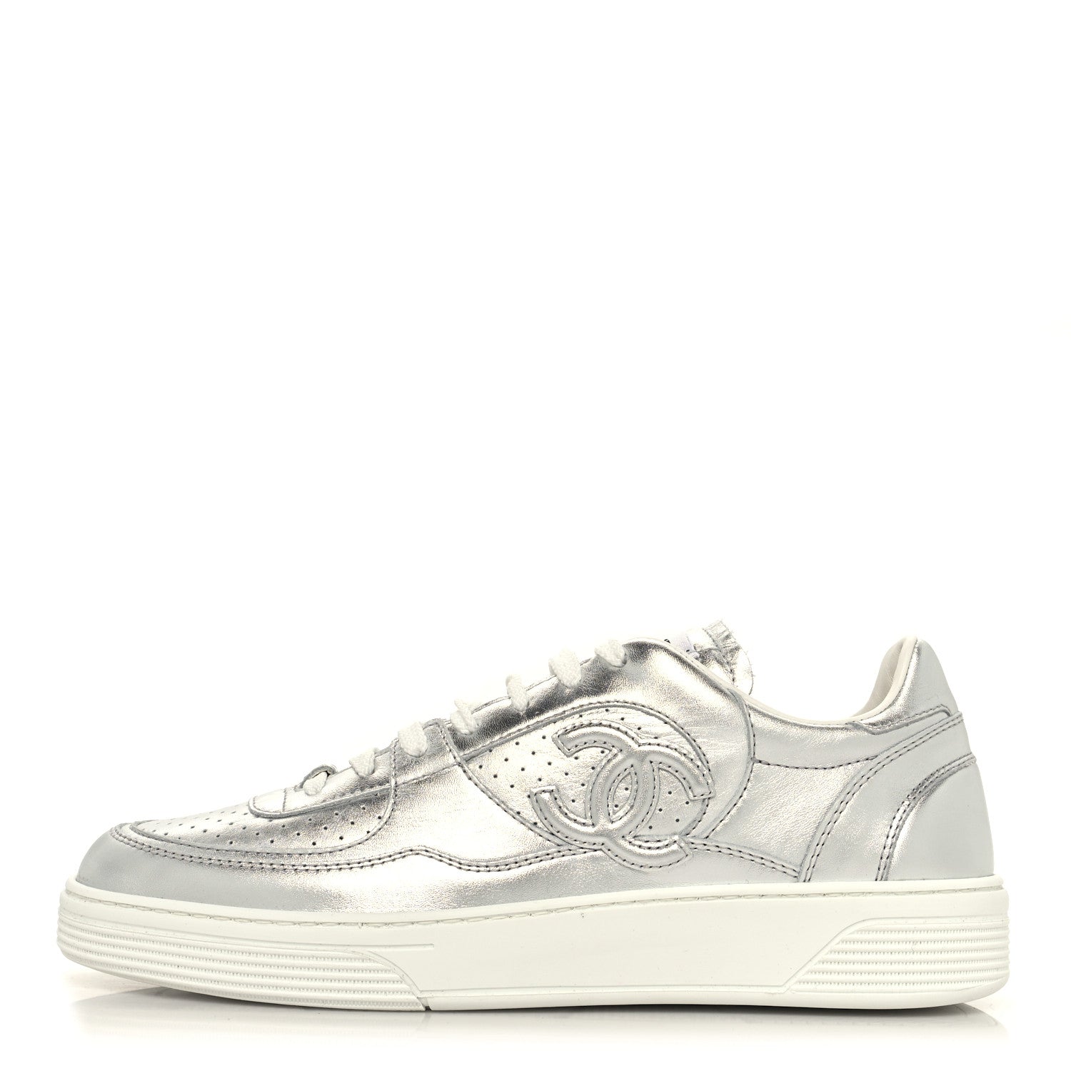 Chanel Laminated Calfskin CC Womens Sneakers 40 Silver 1 of 8