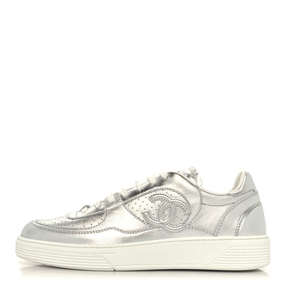 Chanel Laminated Calfskin CC Womens Sneakers 40 Silver 1 of 8