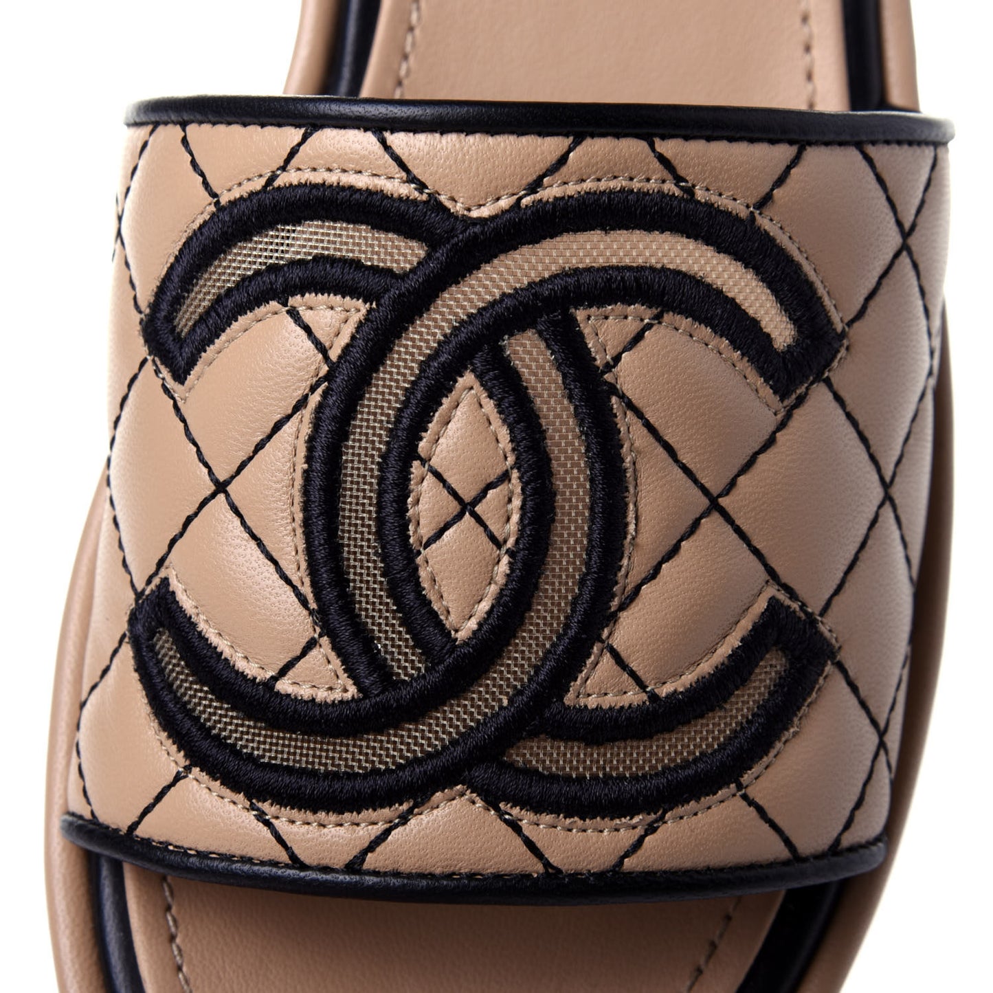Lambskin Quilted CC Mules 38 Beige Black