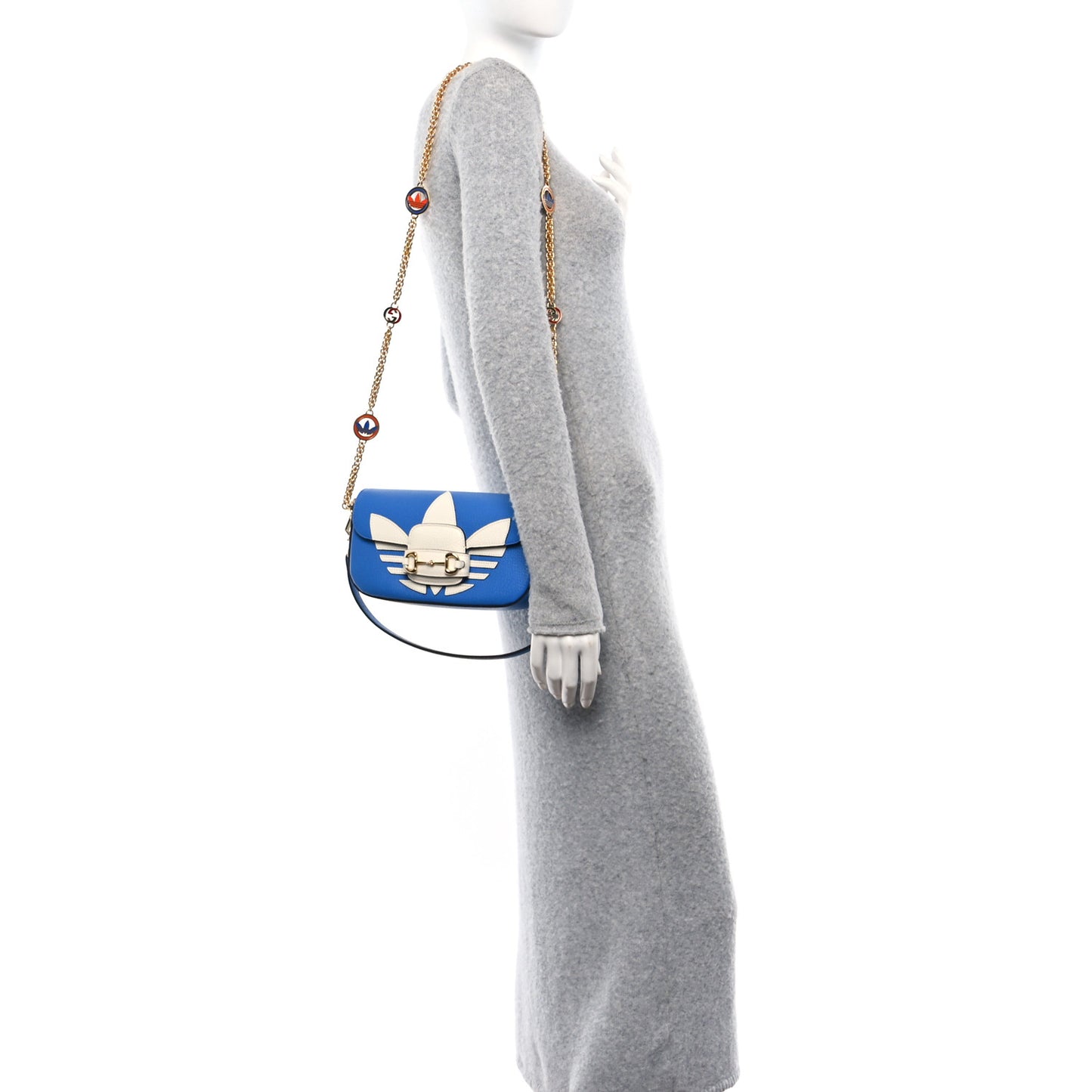X ADIDAS Textured Dollar Calfskin Web Small Trefoil Horsebit 1955 Shoulder Bag Blue Off White